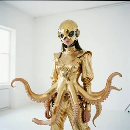 high quality photo of a white room. a film still of a girl wearing golden outfit inspired by octopus and cyberpunk golden helmet mask. fashion ad. cannon ef 1 0 5 mm f / 2. 8.