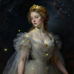 breathtaking detailed soft painting of the night queen of mozart with a golden headpiece, gauze dress draped of fireflies and constellations and nebulae in the background, rembrandt style, elegant, highly detailed, artstation, concept art, matte, sharp focus, art by tom bagshaw, casimir art, kelogsloops and greg rutkowski