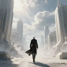 blood mage with white short hair walking on a cyberpunk city, buildings made from white stone, wide angle looking at sky, misty, metropolis, gorgeous clouds, god ray, soctane render, ureal engine, high detail, alphonse mucha, greg rutkowski, james gurney, johannes voss