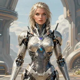 closeup portrait shot of a large strong female biomechanic woman in a scenic scifi environment, intricate, elegant, highly detailed, centered, digital painting, artstation, concept art, smooth, sharp focus, warframe, illustration, dorian cleavenger, tomasz alen kopera, peter mohrbacher, donato giancola, leyendecker, boris vallejo