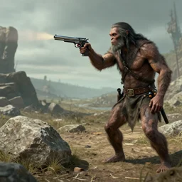 neanderthal discovering a pistol near a rock on the ground.