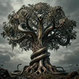 a giant snake around the tree of life, high detail, 8k, ornate, dark fantasy, maximalist, realistic, masterpiece, complex, WLOP, film still from the movie directed by Denis Villeneuve, wide angle