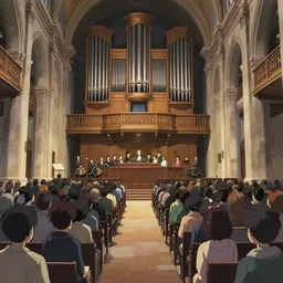 huge crowd listens to a hermeneutic pipe organ concert in a vast basilica, matte painting, scenic full shot, ambient lighting, by makoto shinkai, stanley artgerm lau, wlop, rossdraws