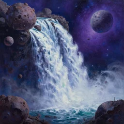 waterfall in asteroid field, purplish blueish space in background, ultra detailed, artstation award winner, oil painting, digital painting, vibrant, detailed water