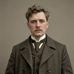 A photograph portrait of Jerma985 with short messy hair and wearing an overcoat in the early 1910s, taken in the early 1910s, grainy, taken on a early 1900s Kodak Camera, realistic, hyperrealistic, very realistic, highly detailed, very detailed, extremely detailed, detailed, digital art, trending on artstation