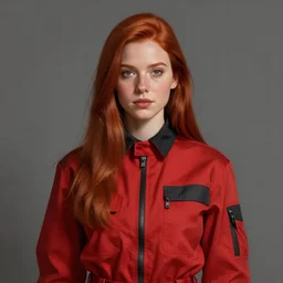 Portrait of a woman by Greg Rutkowski, she is about 20 years old, redhead, long straight hair, beautiful oval face, wearing red and black utilitarian jumpsuit, older sister vibes, highly detailed portrait, digital painting, artstation, concept art, smooth, sharp foccus ilustration, Artstation HQ.