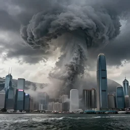 massive mega tsunami wave tornado hurricane about to crash over the city of hong kong, cinematic, hyper realistic, dramatic light,
