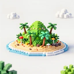 digital voxel art beach level view render of a beautiful colourful little tropical island in ocean, flowers, trees, animals birds