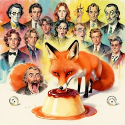 fox eating pudding by beeple, artgerm, aaron horkey, amanda sage, bauhaus, salvador dali, bernie wrightson, bruce pennington, frank, stella, anne stokes, alena aenami, angus mckie, alex grey, akira toriyama, chris moore, arthur adams, andre masson, brian despain. abstract, artstation, design 4 k, native, hd