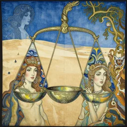 most beautiful silk alexandrian libra, azure milieu of desert of reality, in the style of william blake, terese nielsen, detailed, intricate, beautiful faces, steve argyle, pastoral fantastic reality
