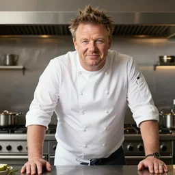 gordon ramsey overweight standing in a kitchen, hd photo, highly detailed