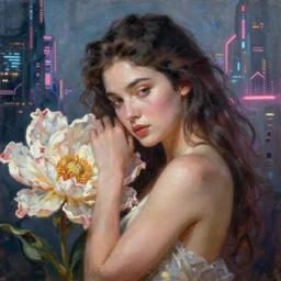 a beautiful close up 4K portrait painting of a flower goddess in a sensual pose, in the style dan mumford artwork, in the background a futuristic cyberpunk city is seen.