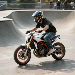 riding a motorcycle in a skate park