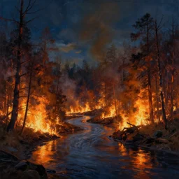 forest burning down with river passing through it painting night fire