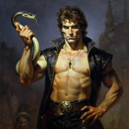 a painting of a man holding a snake, concept art by frank frazetta, cgsociety, fantasy art, concept art, poster art, d & d, masculine
