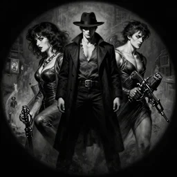 Noir world and noir character design , Greg Rutkowski, Frank Frazetta, Kim Jung Gi, trending on Artstation, 8K, ultra wide angle, pincushion lens effect.