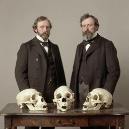 naturalist richard owen and naturalist thomas henry huxley standing over antique table with anatomical monkey skulls, victorian, carte de visite - n 4