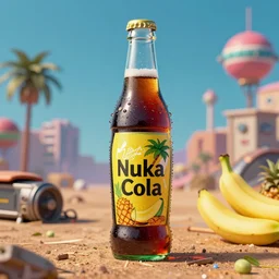 bottle of delicious pineapple & banana flavoured nuka cola, post apocalypse, unreal engine, retro futurism, dieselpunk, 3 d art, concept art, highly detailed, pop art, by artgerm and jakub rozalsky
