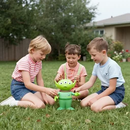 kids playing with alien toy in their front yard, 1 9 5 0 s picture