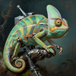 highly detailed portrait of a robotic chameleon mecha, painting by gaston bussiere, craig mullins, j. c. leyendecker, lights, art by ernst haeckel, john william godward, hammershøi,