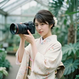 photograph of a beautiful Japanese woman wearing a pretty kimono in a tropical greenhouse, by Annie Leibowitz, by Alessio Albi, extremely detailed, large format camera, Fuji Provia film, bokeh, blurred background, photorealistic, trending on instagram