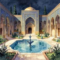 lovecraftian persian palace garden. this watercolor painting by the award - winning mangaka has dramatic lighting, an interesting color scheme, a sense of depth.