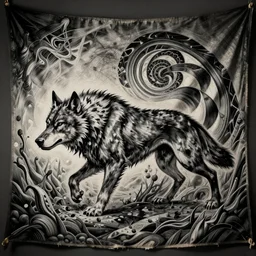 mark riddick blended with pushead werewolf aquatic horror shape kinetic abstract tapestry detailed etching optical art