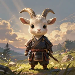 anthropomorphic goat samurai, samurai outfit, standing in a beautiful landscape, cute and adorable, dnd character art portrait, matte fantasy painting, deviantart artstation, by jason felix by steve argyle by tyler jacobson by peter mohrbacher, cinematic lighting