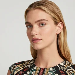 olive skinned blonde female model in her twenties with green eyes, wearing a designer top, looking content, focused on her neck, photo realistic, extreme detail skin, natural beauty, no filter, slr, golden hour, 4 k, high definition, selfie