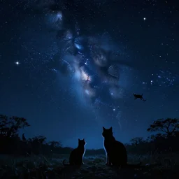 drawing of night sky full of cats and stars, dreamy
