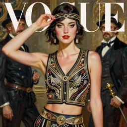 vogue magazine, lululemon, vintage roaring 1 9 2 0 s flapper, greg rutkowski, john singer sargent, anime, trending on pixiv, oil painting, crop top, intricate