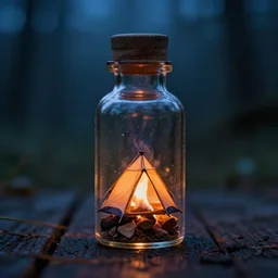 close - up of a tiny bottle with a tent and campfire inside. dramatic lighting, night, hyper realistic, highly detailed, 4 k