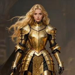 Gorgeous Blond Lady Knight in an ornamental Gold and Black armor, fantasy, symmetry, by Frank Franzetta, trending on Artstation, trending on Deviantart, artstationHQ, artstationHD, full color