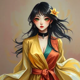 masterpiece oil painting full body portrait shot, oil painting of an anime girl, beautiful modern elegantly dressed anime girl wearing flowing colourful elegant clothes, highly detailed face, detailed green heterchromia eyes, alphonse white datura, 8 k oil painting