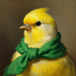a yellow bird blushing wearing a [ green scarf ], by rembrandt, high quality, oil painting