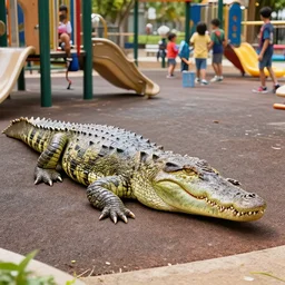 crocodile blending in with the kids at the playground