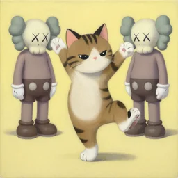 illustration of a cat dancing by shusei nagaoka kaws, david rudnick, airbrush on canvas, pastell colors, cell shaded