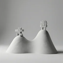 minimalist abstract cubist sculpture of hills with random mecha mayan decorations