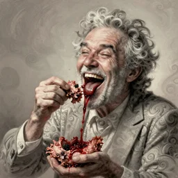 happy and funny psychedelic bill hicks eating rotten flesh, laughing and puking blood, diffuse lighting, fantasy, intricate, elegant, highly detailed, lifelike, photorealistic, digital painting, artstation, illustration, concept art, smooth, sharp focus, art by francis bacon