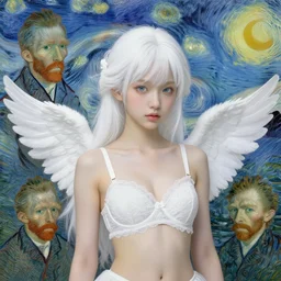 character design by claude monet, vincent van gogh, jakub rebelka, tran nguyen, yoann lossel, wadim kashin ( ( ( portrait of a white haired cute japanese girl with white wings in a white elegant bra ) ) ) sharp edges. ultra clear detailed. 8 k. ultra detailed, elegant, intricate,
