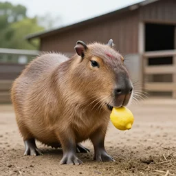 picture of a capybara at a farm eating a lemon, hd, professional photograph, photorealistic, barn in the backround