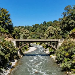 bridge over a river within a large valley, scenic, blue sky above, trees in background, hd, 8k