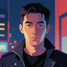 a portrait of a cyberpunk man staring at the camera with dramatic lighting, by kawase hasui, moebius, edward hopper, colorful flat surreal design, hd, 8 k, trending on artstation
