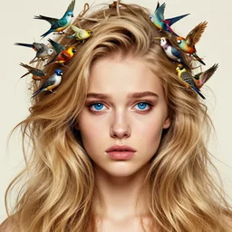! girl, sad look, big blue eyes, nest hair, long beautiful hairstyle, birds of hair!!! beauty girl portrait, face in detail, big sad eyes, blonde hairstyles, hair everywhere, by kuvshinov, poster, golden ratio, render, colorful