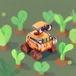 Isometric Illustration of wall-e driving between growing vegetables