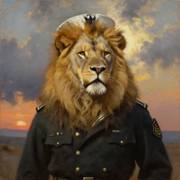 lion warrior  as navy soldier , very textured detailed oil painting panoramic portrait by rembrandt, backlight, dramatic clouds ,sunset