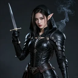 Portrait of a female Elf Rogue named \'Mistress of Death\', high fantasy, epic, black leather armor, detailed face, pretty, dagger, smoke, by Leng Jun, trending, artstationHD, artstationHQ, cgsociety, octane, ultra HD, 8k