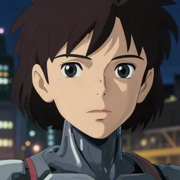 a anime portrait of a cyborg woman, finely detailed features, closeup at the face, sharp focus, perfect art, expressive tone, night time city background, cinematic lighting, highly detailed, intricate, smooth, anime!! artstation, trending on pixiv fanbox, painted by greg rutkowski, studio ghibli, yoji shinkawa, hayao miyazaki,