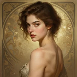 portrait of a young woman, regal, soft features, muscular, half body, cloth, hazel eyes, short brown hair, thick eyebrows, back light, d & d, fantasy, intricate, highly detailed, digital painting, artstation, concept art, smooth, sharp focus, illustration, art by artgerm and greg rutkowski and alphonse mucha