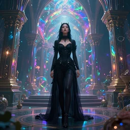 long Shot of psychedelic Black widow standing in mysterious chromatic astral temple  , beautiful, dmt, omnious, soft, hypermaximalistic, high details, cinematic, 8k resolution, artwork by Wong, Liam